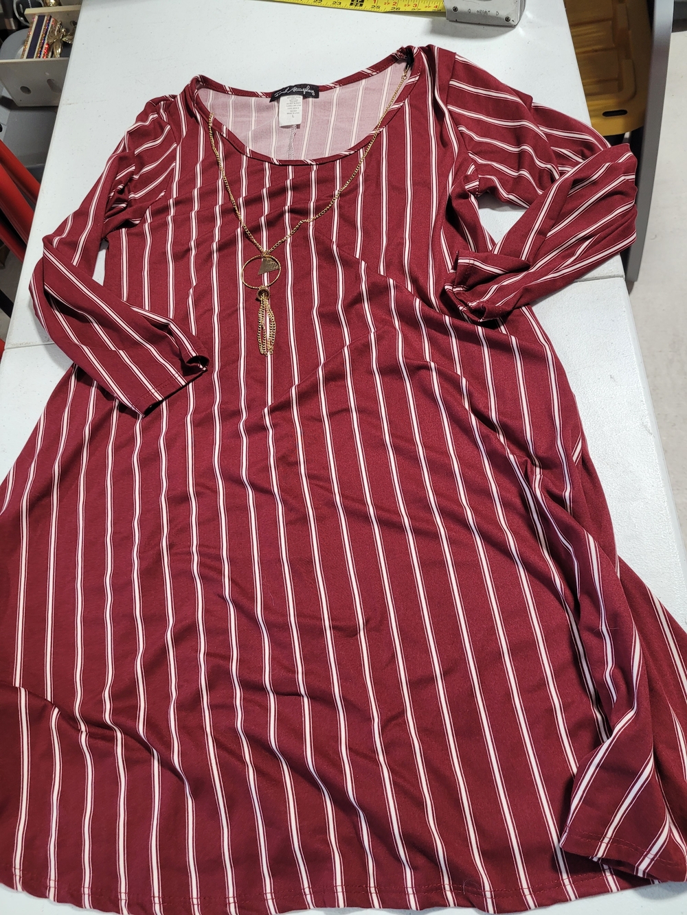 French Atmosphere Burgundy and White Striped Long-Sleeve Swing Dress